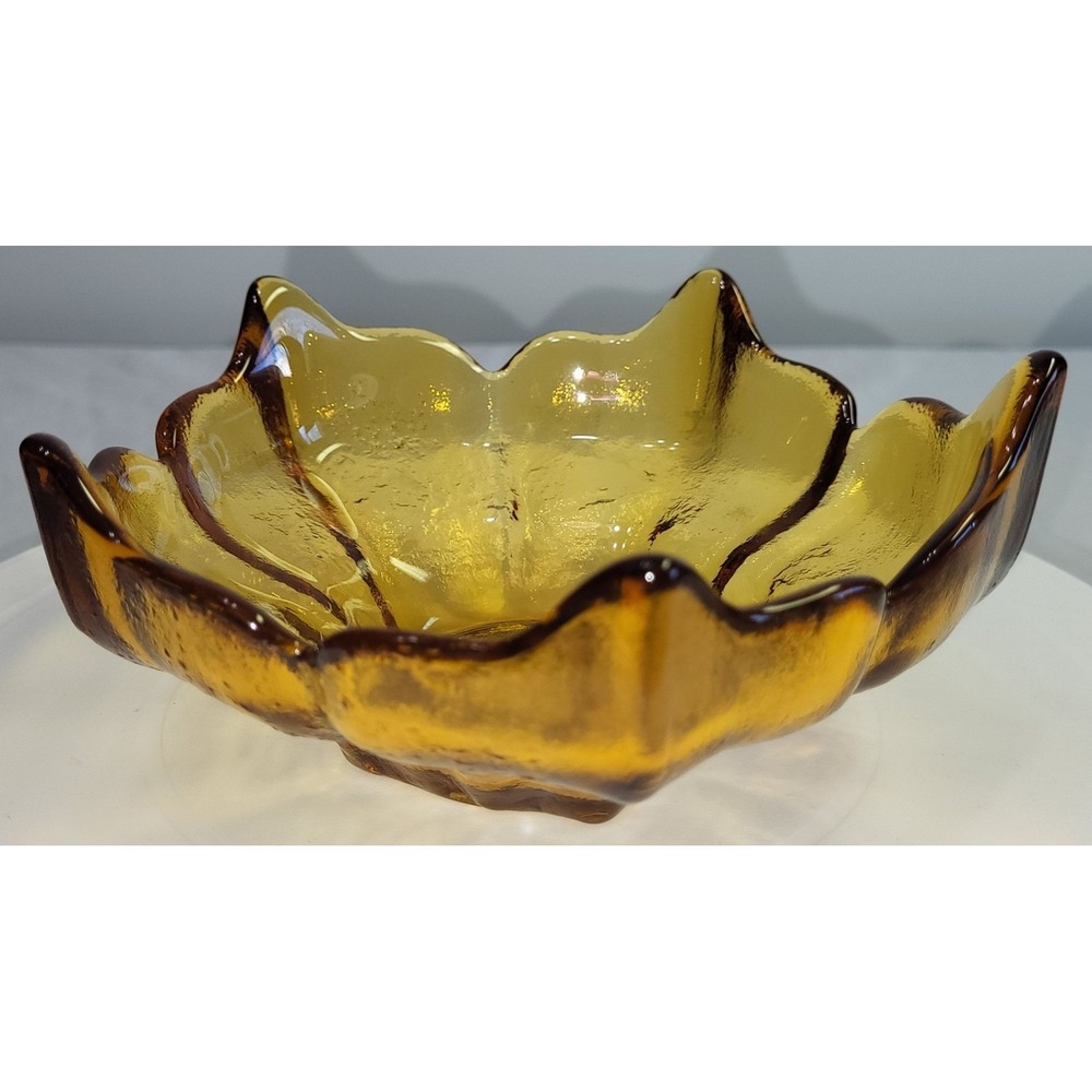 Mid Century Viking Amber Textured Glass Lotus Flower Shaped Decorative Bowl 6"